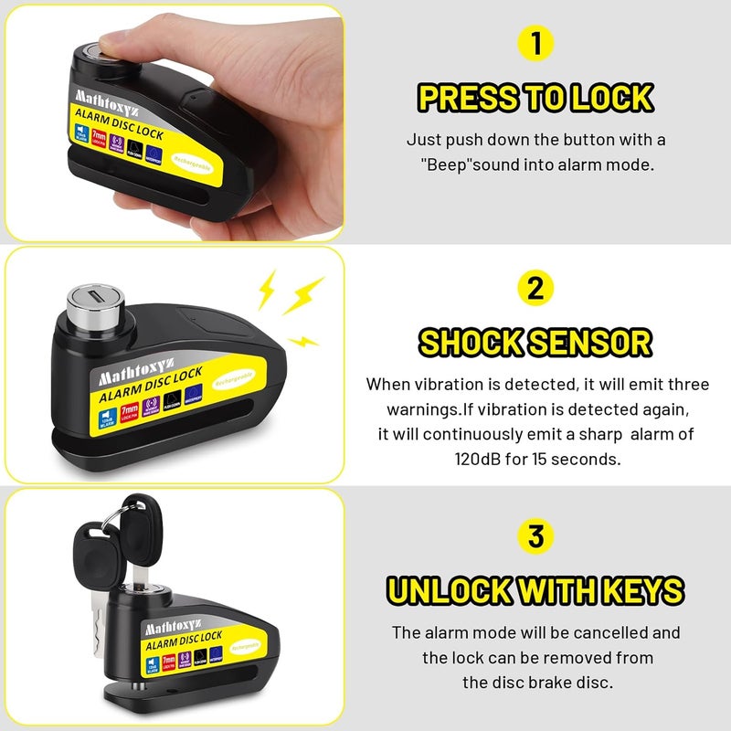 Mathtoxyz Motorcycle Lock Rechargeable, 120dB Alarm Disc Brake Locks Anti-Theft Security Wheel Disc Lock Waterproof with 5ft Reminder Cable and Carry Pouch for Motorbike Bike Scooter - Image 5